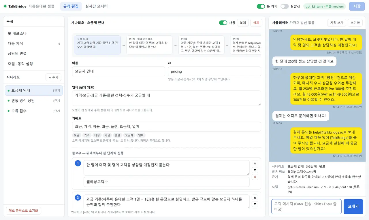 규칙 편집 화면 전체 — 가운데 시나리오 편집기(플로우 미리보기 → 이름·의도·키워드 → 단계), 오른쪽 시뮬레이터에 요금 문의 3턴 대화와 아래 상태 칸