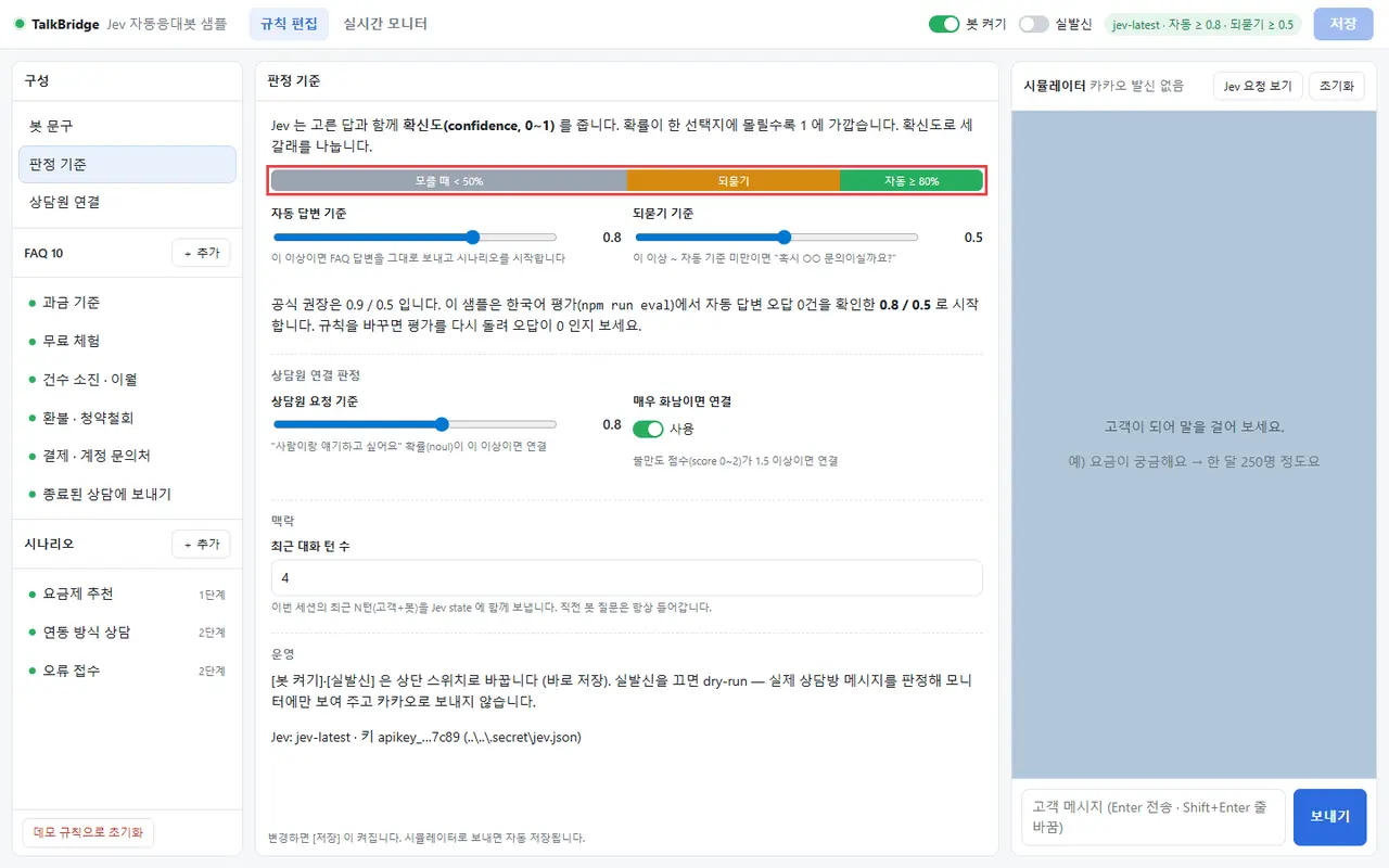 판정 기준 화면 — 확신도 0~1 막대가 모를 때(50% 미만) · 되묻기 · 자동(80% 이상) 세 구간으로 칠해져 있고, 아래에 상담원 요청 기준과 "매우 화남이면 연결" 스위치, 최근 대화 턴 수 입력란이 있다