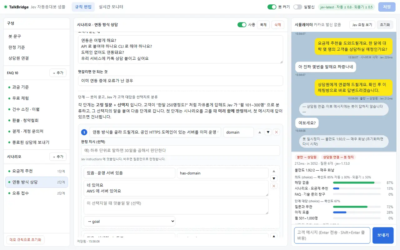 불만 → 상담원 — 불만도 1.92/2로 상담원 연결 안내가 나가고 봇이 정지했다. 이어진 "여보세요?"에는 봇 답장이 없고 시뮬레이터에 정지 사유가 표시된다