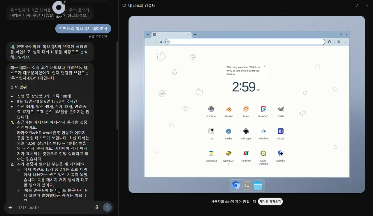 OpenAI dot에게 톡브릿지 상담 분석을 맡긴 실제 화면. 왼쪽 대화 창에서 사용자가 "진행해죠 톡브릿지 대화분석"이라고 보내자, dot이 톡브릿지에 연결된 상담방을 확인해 분석하겠다고 답한 뒤 연결된 브랜드 1개, 진행 중 상담방 3개와 기록 108개, 9월 15일부터 10월 6일까지의 기간, 수신·발신·삭제·연결 종료 건수를 정리하고, 최근 대화가 실제 고객 문의보다 연동 테스트였다는 점과 추가로 확인할 점을 번호를 매겨 적었다. 오른쪽에는 "내 dot의 컴퓨터" 창이 열려 있고, dot이 쓰는 클라우드 컴퓨터의 바탕화면과 브라우저가 보이며 아래에 "사용자의 dot이 제어 중입니다"와 "제어권 가져오기" 버튼이 있다