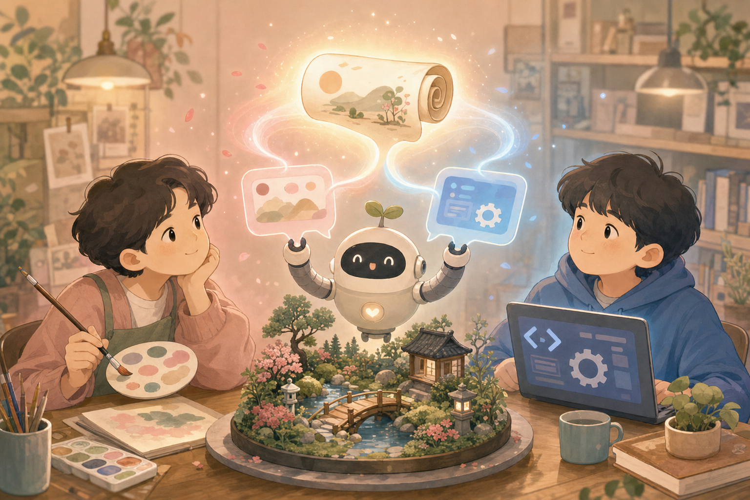 책상 위 작은 정원을 사이에 두고 왼쪽엔 붓과 색 팔레트를 든 디자이너(금성에서 온 사람), 오른쪽엔 노트북과 타입 기호를 든 프론트 개발자(화성에서 온 사람)가 마주 앉아 있고, 그 가운데에서 작은 로봇(AI)이 두 사람의 언어 카드를 번역해 한 장의 규칙서로 묶는 카툰풍 일러스트