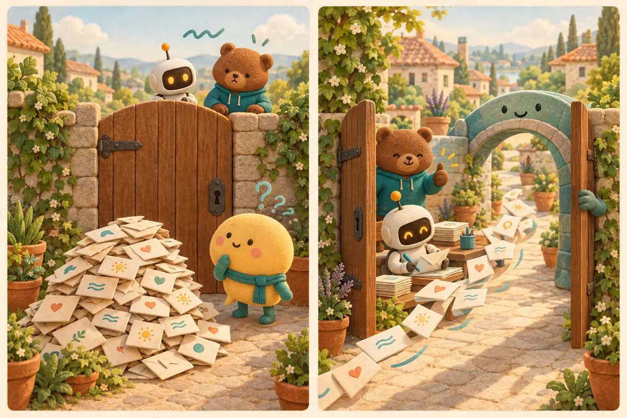두 칸 그림 — 왼쪽은 굳게 닫힌 나무 문 앞에 편지가 산더미처럼 쌓여 있고, 몸 전체가 노란 말풍선인 손님이 물음표를 띄운 채 서 있으며, 담 너머에서는 검수 로봇과 곰 개발자가 할 일 없이 기다린다. 오른쪽은 같은 문이 활짝 열려 편지가 줄지어 흘러 들어가고, 로봇이 그 편지를 받아 답장을 쓰고 곰이 엄지를 든다. 돌다리 캐릭터가 문을 잡아 열고 있다