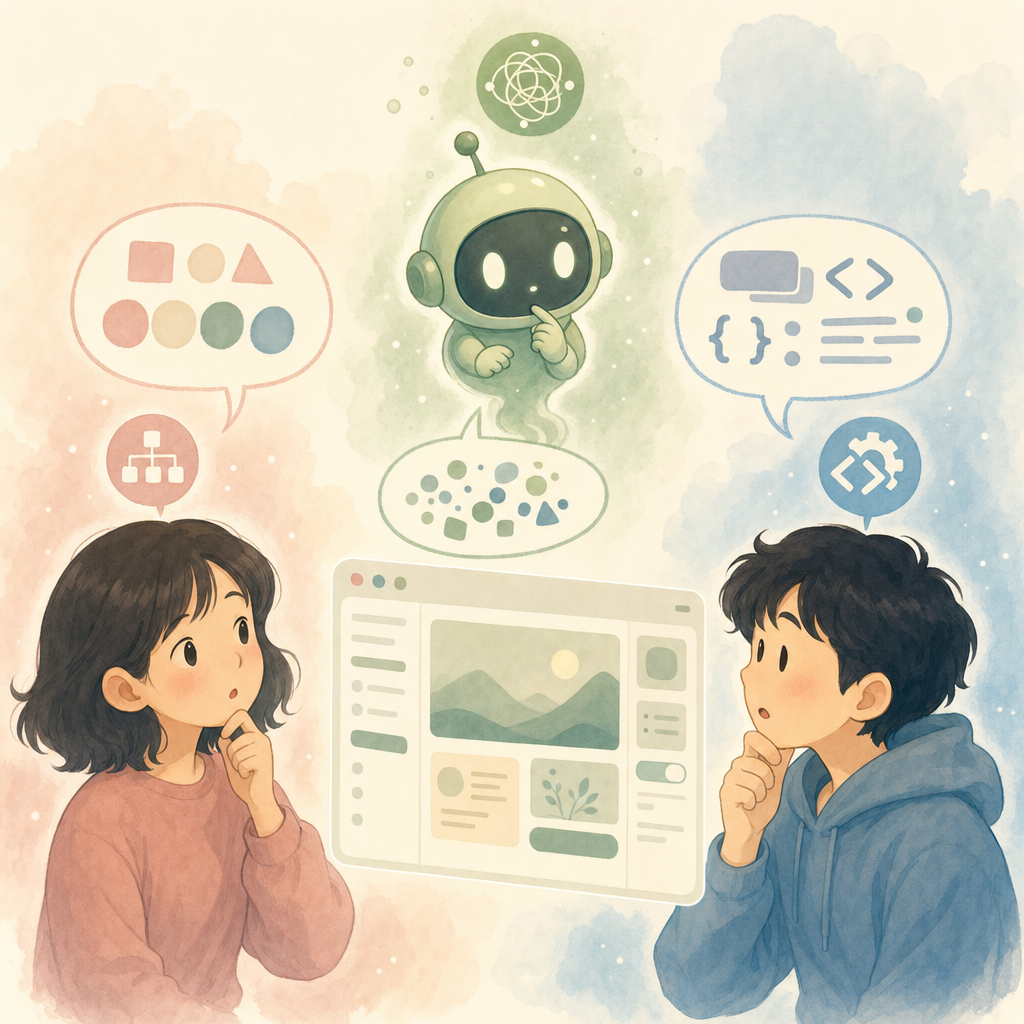 같은 화면을 보고 있지만 디자이너의 머리 위엔 '의도·위계'가, 개발자의 머리 위엔 '값·클래스'가 떠 있고, 둘 사이에 내려온 작은 외계인 로봇(AI)의 머리 위엔 '웹 평균값'이 떠 있는 카툰. 세 사람의 말풍선이 서로 다른 기호로 채워져 있다