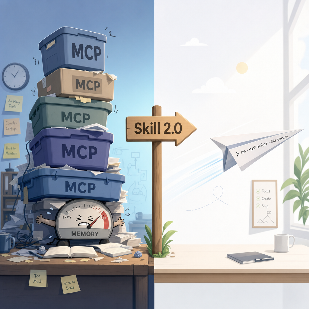 한쪽엔 무거운 MCP 컨테이너 더미가 메모리 게이지를 짓누르고, 다른 쪽엔 CLI 한 줄이 종이비행기처럼 가볍게 날아간다 — 그 사이의 'Skill 2.0' 표지판
