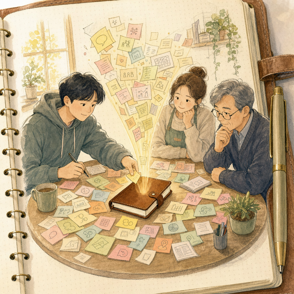 도메인 전문가들이 둘러앉은 원형 테이블에 흩어진 컬러풀한 스티커 메모를 기획자가 작은 가죽 글로서리 책으로 모아 압축하는 손그림 일러스트