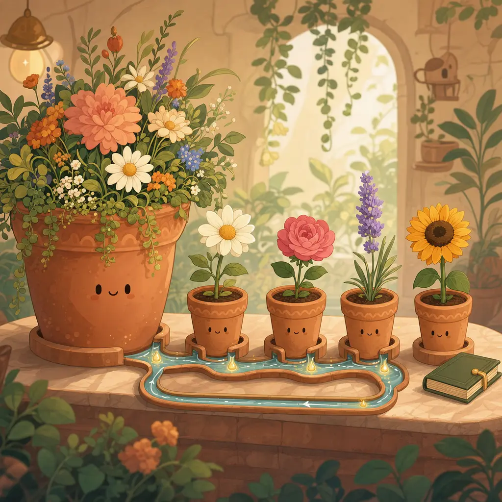 하나의 거대한 화분이 계획·실행·검증·감사 네 개의 작은 화분으로 나뉘고, 그 사이를 시간 순서의 물길이 잇는다