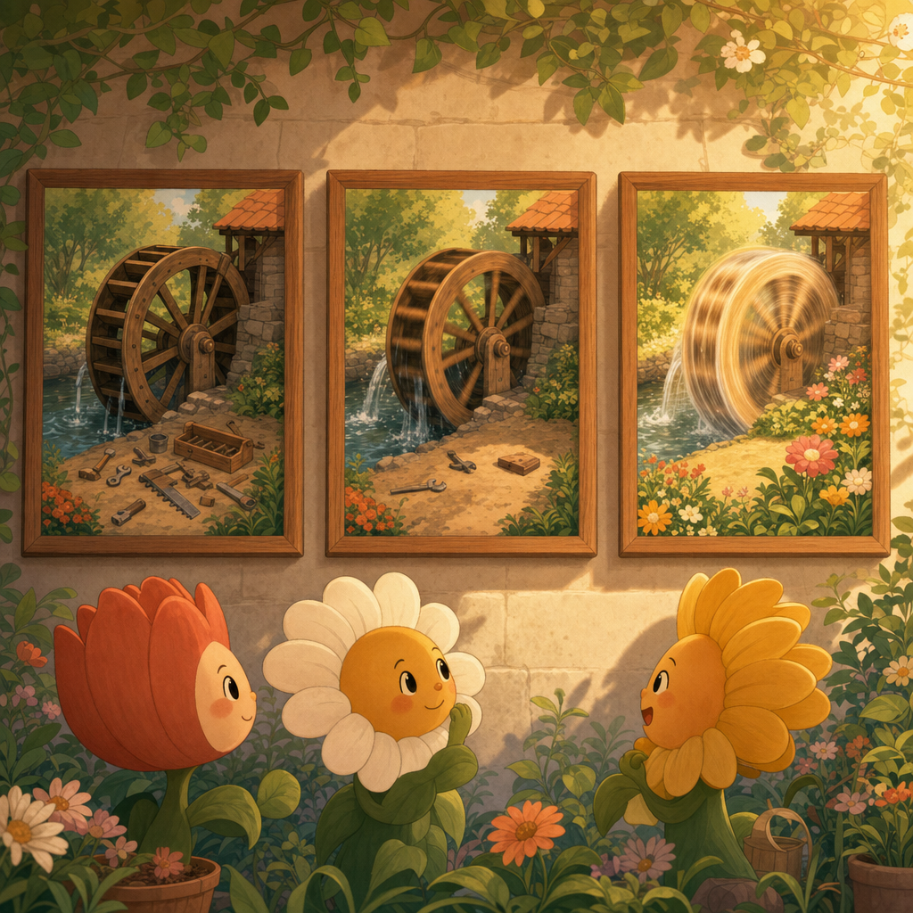 같은 물레방아를 그린 세 장의 그림 — 회전의 잔상이 점점 빨라지고, 물가의 수리 도구는 점점 줄어든다