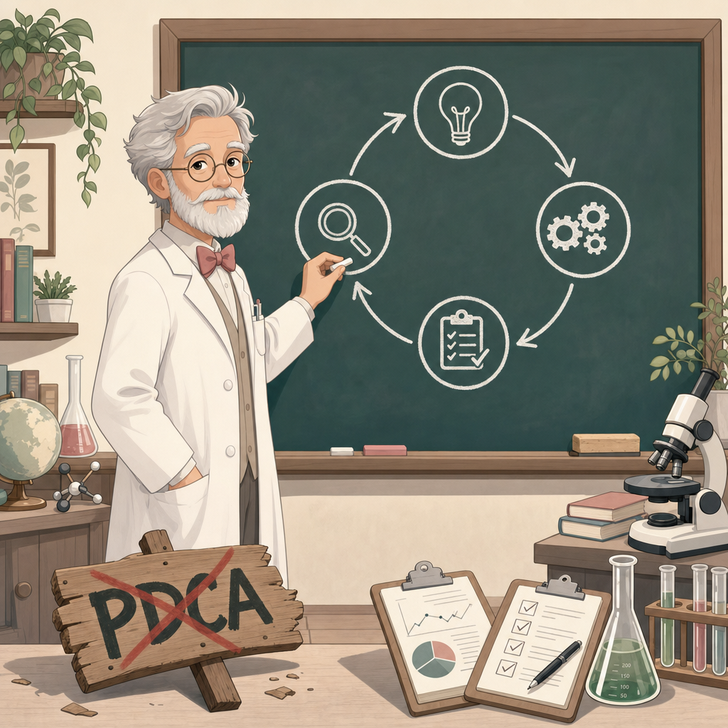 연구실 칠판 앞에서 PDSA 사이클을 분필로 그리는 데밍 흉상 카툰, 한쪽엔 빨간 X 표시의 PDCA 표지판이 떨어져 있다