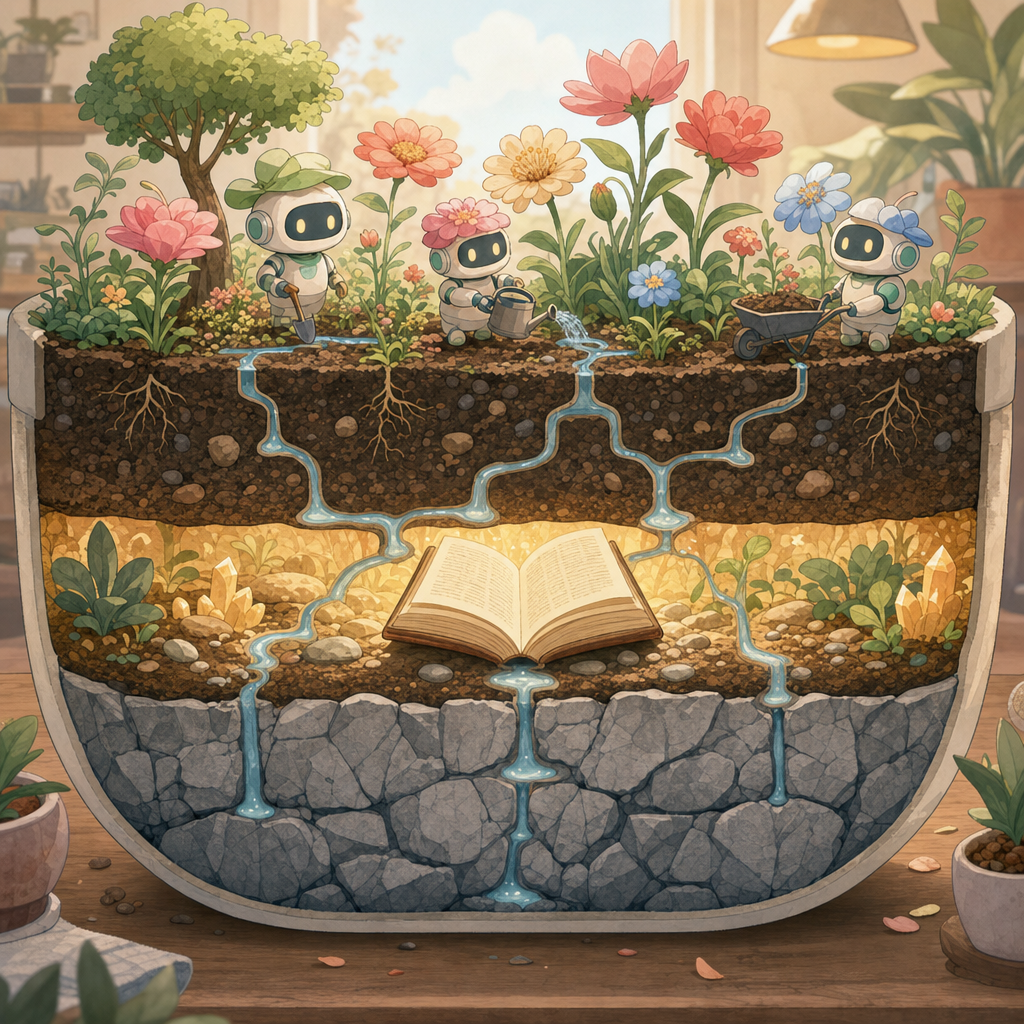 책상 위 정원의 단면도. 맨 아래 흙(Storybook), 그 위에 햇빛(규칙서 §0~§8), 그 위에 피어난 AI 일꾼 꽃들, 그리고 물을 대는 작은 수로(결정 트리)가 그려진 카툰풍 일러스트