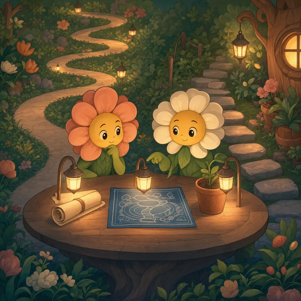 등불 세 개 — 티켓 두루마리, 설계 도면, 실물 화분 — 를 한 테이블에 모아 비추며 대조하는 두 꽃. 뒤편에 굽이굽이 여섯 구비 오솔길과, 테이블 옆의 두 걸음 지름길이 대비된다