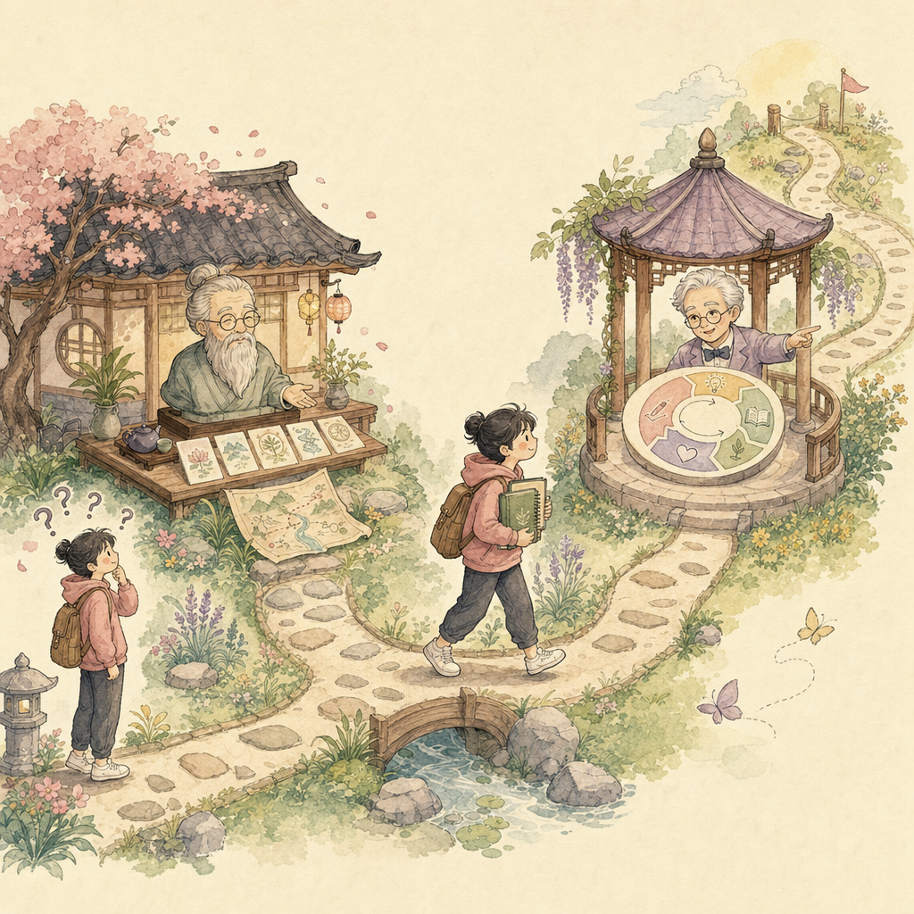 파스텔 톤 손그림 여정 지도 — 왼쪽 출발점의 기획자, 첫 정거장 에반스 다실(글로서리·컨텍스트 맵), 중간 작업 구간, 두 번째 정거장 데밍 정자(PDSA), 그리고 오른쪽 상단으로 이어지는 다음 사이클의 시작점