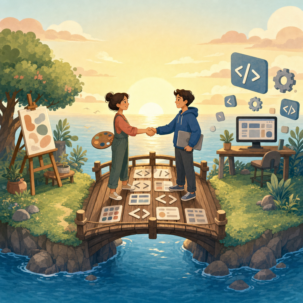 두 개의 섬(왼쪽 디자인팀 섬, 오른쪽 프론트팀 섬) 사이를 잇는 튼튼한 다리가 'Storybook'이라는 현판을 달고 있고, 다리의 상판은 타입스크립트 기호(< />)와 prop 카드로 짜여 있는 카툰풍 일러스트. 두 섬의 사람들이 다리 한가운데서 악수한다