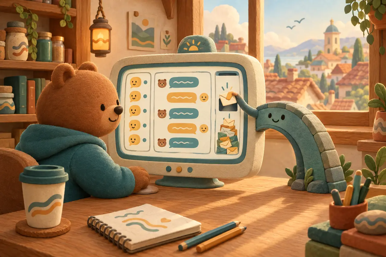 곰 개발자가 책상 앞 큰 모니터를 보고 있다. 화면은 세 칸으로 나뉘어 왼쪽에는 차례를 기다리는 말풍선 손님 목록, 가운데에는 주고받는 대화 말풍선, 오른쪽 좁은 칸에는 편지가 실시간으로 하나씩 쌓인다. 모니터 옆에서 돌다리 캐릭터가 새 편지를 화면 안으로 넣어 준다